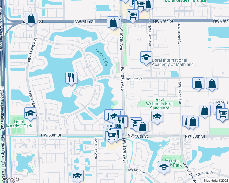 map of restaurants, bars, coffee shops, grocery stores, and more near 10750 Northwest 66th Street in Doral