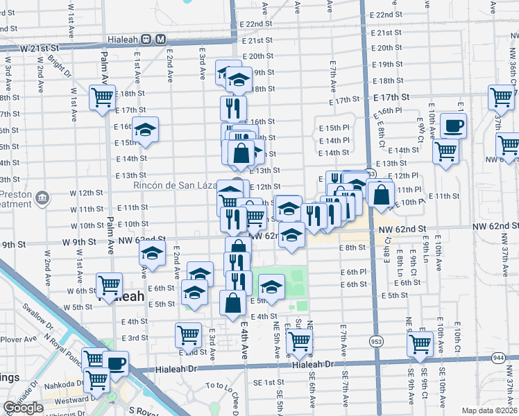 map of restaurants, bars, coffee shops, grocery stores, and more near 457 East 10th Street in Hialeah