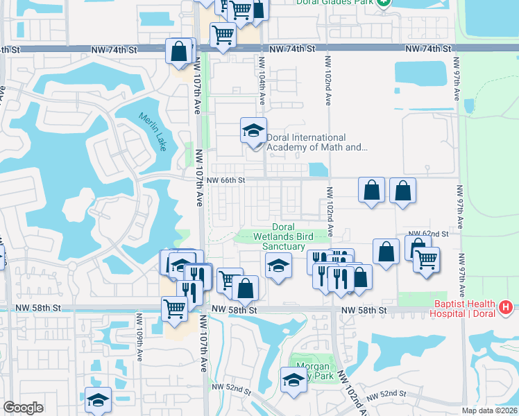 map of restaurants, bars, coffee shops, grocery stores, and more near 6338 Northwest 104th Court in Doral