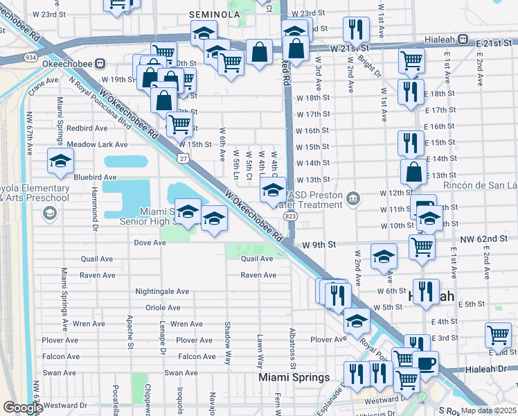 map of restaurants, bars, coffee shops, grocery stores, and more near 500 West 12th Street in Hialeah