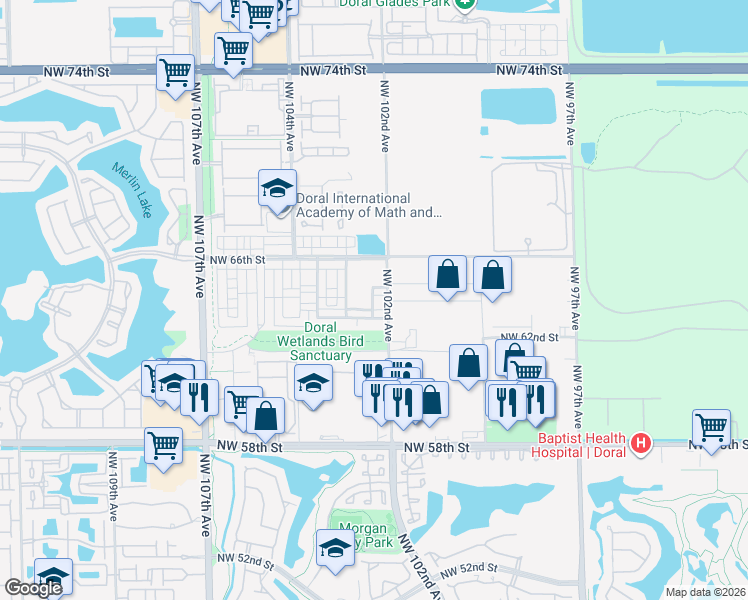 map of restaurants, bars, coffee shops, grocery stores, and more near 10229 Northwest 64th Terrace in Doral