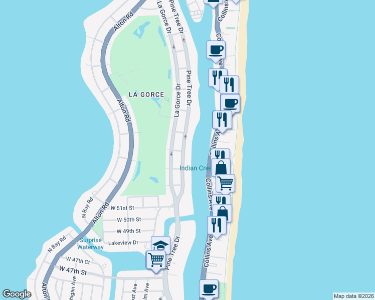 map of restaurants, bars, coffee shops, grocery stores, and more near 5369 Pine Tree Drive in Miami Beach