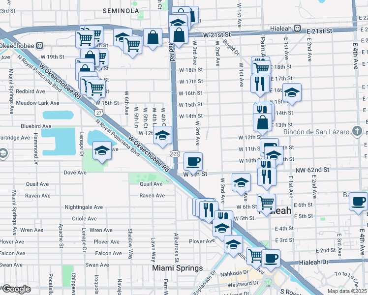 map of restaurants, bars, coffee shops, grocery stores, and more near 359 West 11th Street in Hialeah
