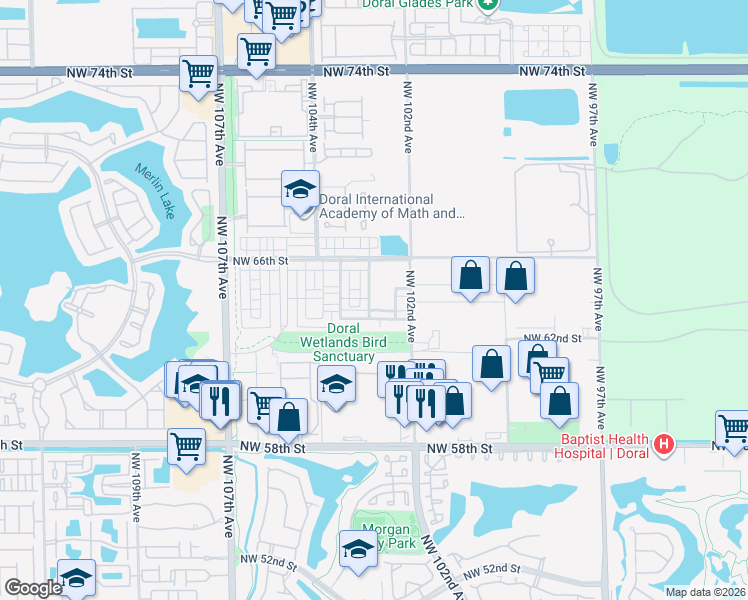 map of restaurants, bars, coffee shops, grocery stores, and more near 6402 Northwest 102nd Path in Doral