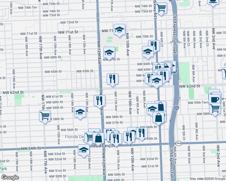 map of restaurants, bars, coffee shops, grocery stores, and more near 1112 Northwest 62nd Street in Miami