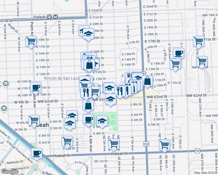map of restaurants, bars, coffee shops, grocery stores, and more near 525 East 10th Street in Hialeah