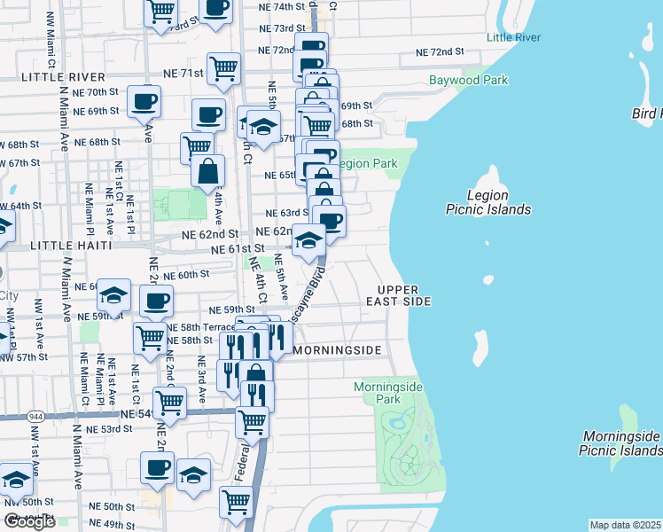 map of restaurants, bars, coffee shops, grocery stores, and more near in Miami