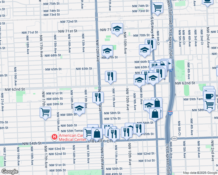 map of restaurants, bars, coffee shops, grocery stores, and more near 1165 Northwest 61st Street in Miami