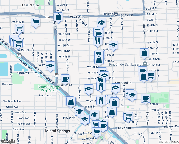 map of restaurants, bars, coffee shops, grocery stores, and more near 138 West 11th Street in Hialeah