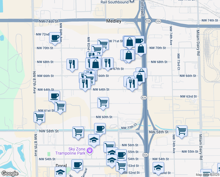 map of restaurants, bars, coffee shops, grocery stores, and more near 7947 NorthWest 64th Street in Miami