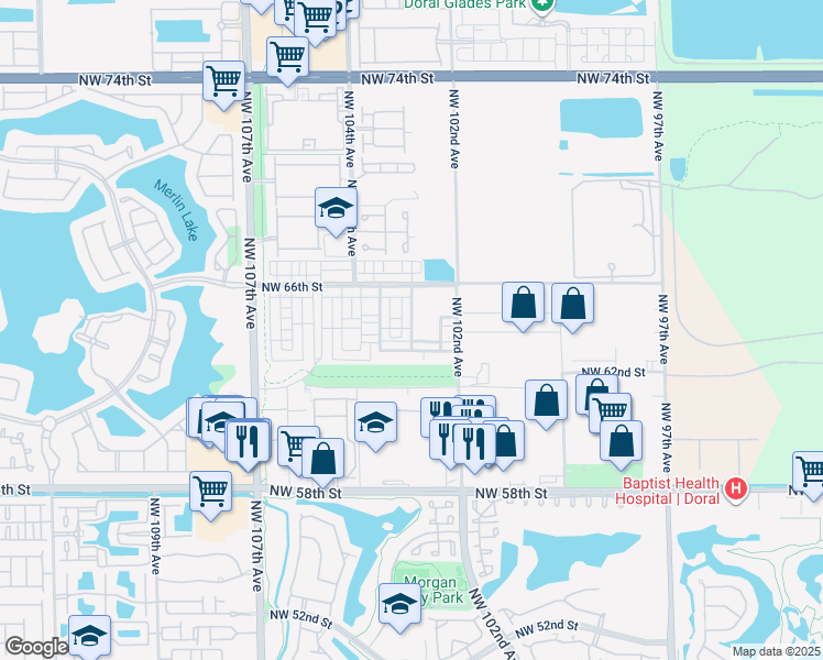map of restaurants, bars, coffee shops, grocery stores, and more near 6402 Northwest 102nd Path in Doral