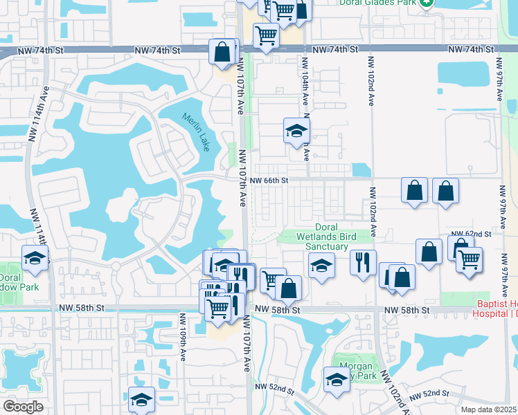 map of restaurants, bars, coffee shops, grocery stores, and more near 6323 Northwest 105th Court in Doral