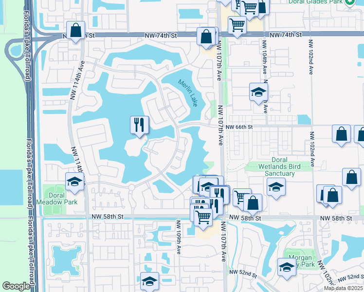 map of restaurants, bars, coffee shops, grocery stores, and more near 6425 Northwest 109th Avenue in Doral