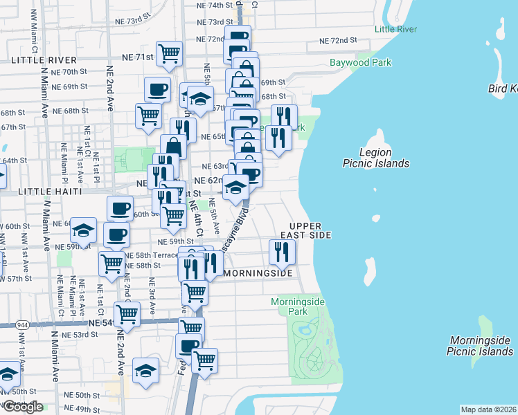 map of restaurants, bars, coffee shops, grocery stores, and more near 5991 Northeast 6th Court in Miami