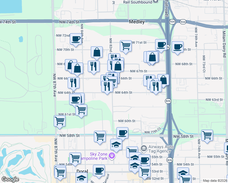 map of restaurants, bars, coffee shops, grocery stores, and more near 8150 NorthWest 64th Street in Miami