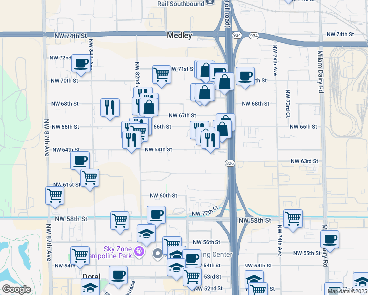 map of restaurants, bars, coffee shops, grocery stores, and more near 7947 NorthWest 64th Street in Miami