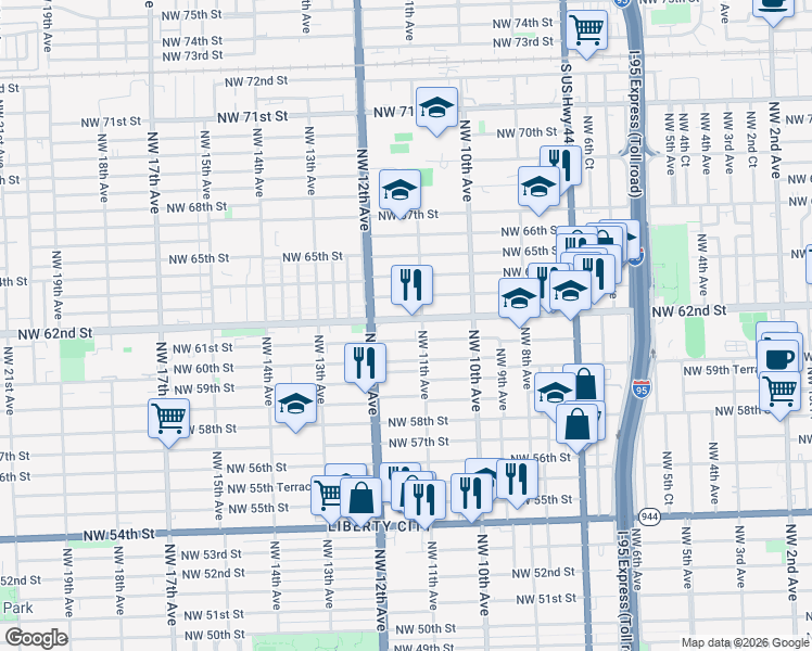 map of restaurants, bars, coffee shops, grocery stores, and more near 1165 Northwest 61st Street in Miami