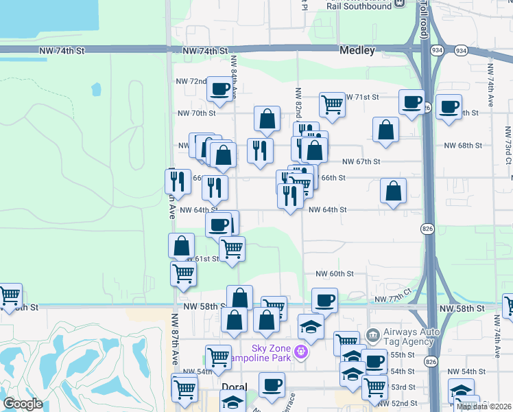 map of restaurants, bars, coffee shops, grocery stores, and more near 8376 NorthWest 64th Street in Miami