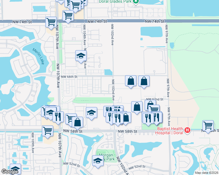map of restaurants, bars, coffee shops, grocery stores, and more near 10229 Northwest 64th Terrace in Doral
