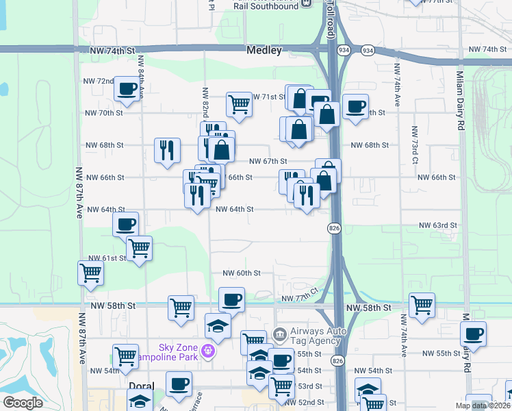 map of restaurants, bars, coffee shops, grocery stores, and more near 7947 NorthWest 64th Street in Miami