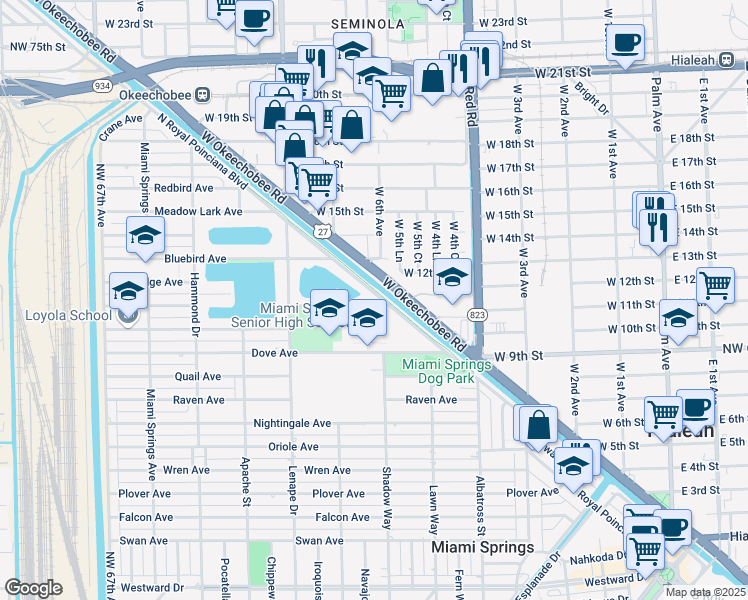 map of restaurants, bars, coffee shops, grocery stores, and more near 751 Dove Avenue in Miami Springs