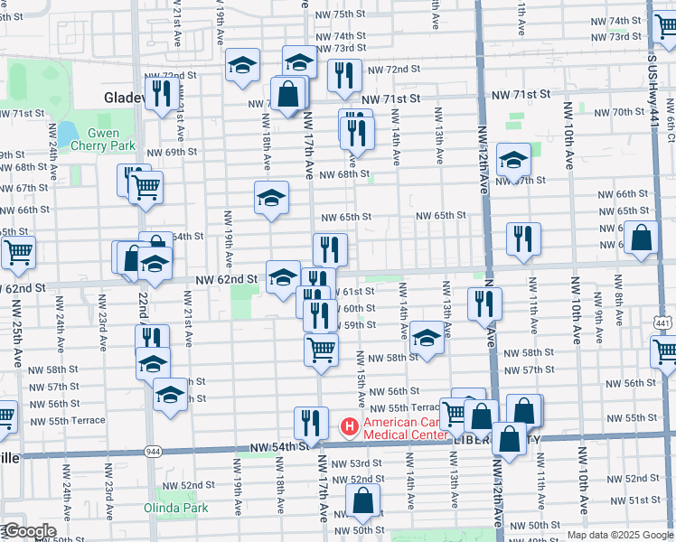 map of restaurants, bars, coffee shops, grocery stores, and more near 1690 Northwest 62nd Street in Miami