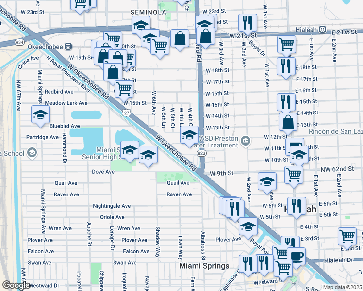 map of restaurants, bars, coffee shops, grocery stores, and more near 500 West 12th Street in Hialeah