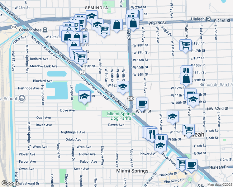 map of restaurants, bars, coffee shops, grocery stores, and more near 500 West 12th Street in Hialeah
