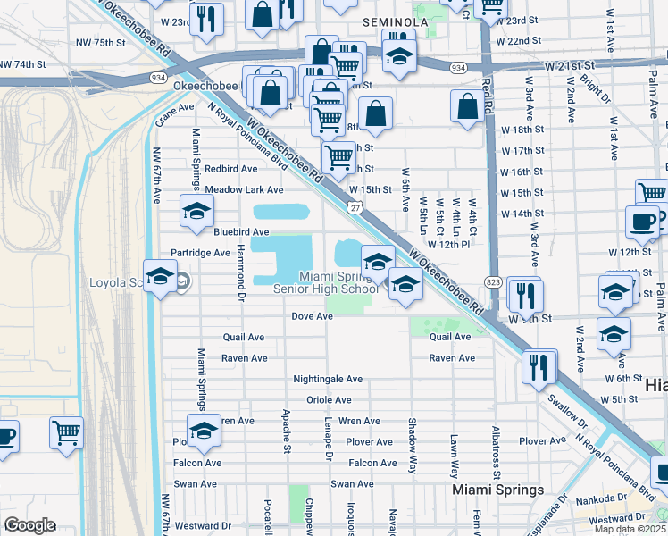 map of restaurants, bars, coffee shops, grocery stores, and more near 1340 Lenape Drive in Miami Springs