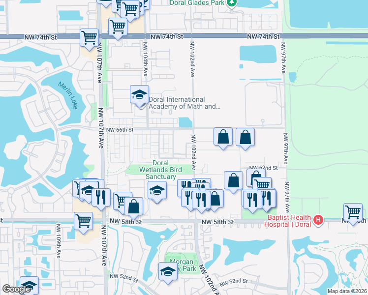 map of restaurants, bars, coffee shops, grocery stores, and more near 6416 Northwest 102nd Court in Doral