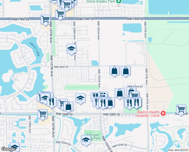 map of restaurants, bars, coffee shops, grocery stores, and more near 10229 Northwest 64th Terrace in Doral