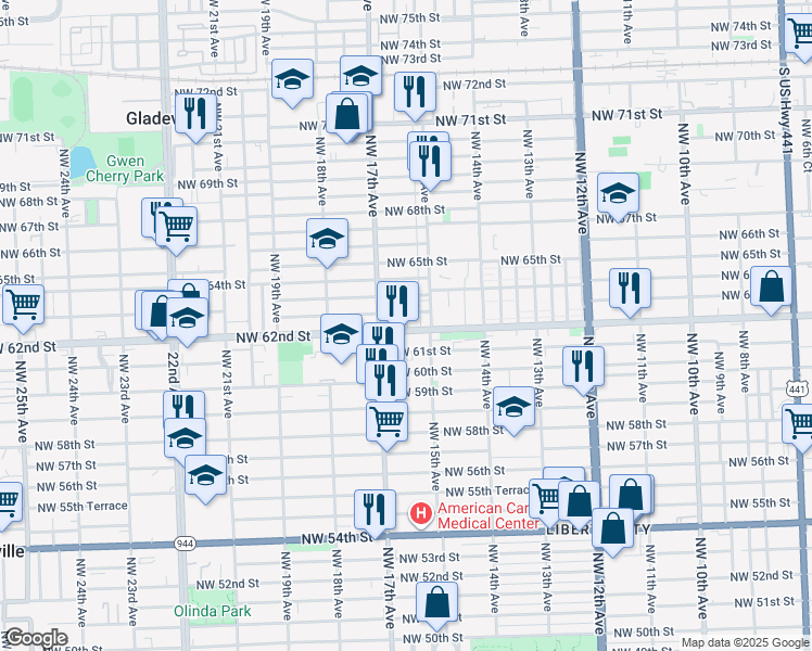 map of restaurants, bars, coffee shops, grocery stores, and more near 1690 Northwest 62nd Street in Miami