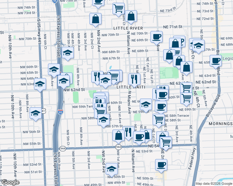 map of restaurants, bars, coffee shops, grocery stores, and more near 47 Northwest 60th Terrace in Miami