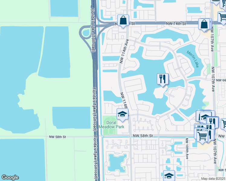 map of restaurants, bars, coffee shops, grocery stores, and more near 5751-5797 Northwest 117th Avenue in Doral