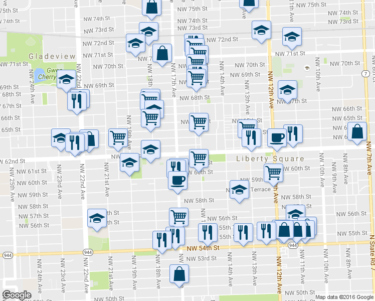 map of restaurants, bars, coffee shops, grocery stores, and more near 1690 Northwest 62nd Street in Miami