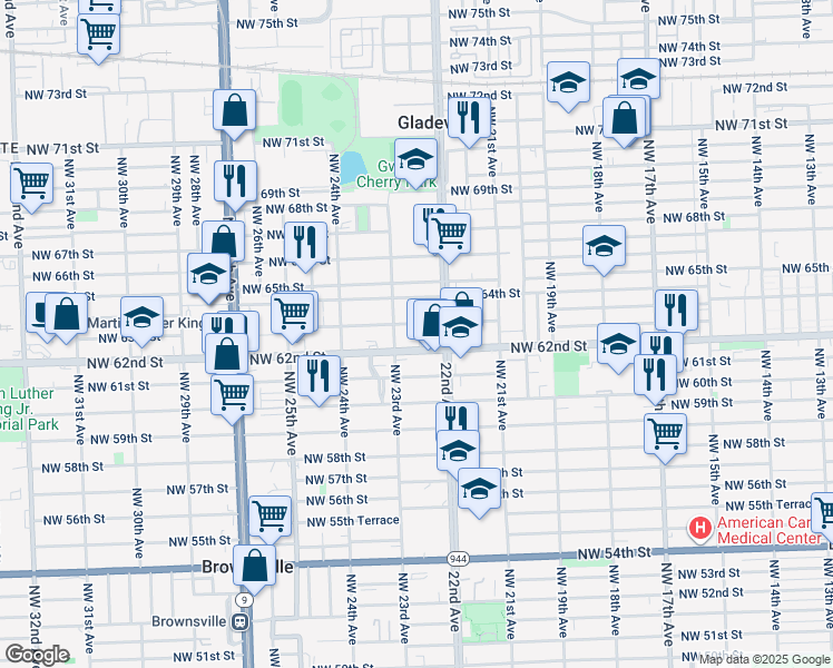 map of restaurants, bars, coffee shops, grocery stores, and more near 2229 Northwest 62nd Street in Miami