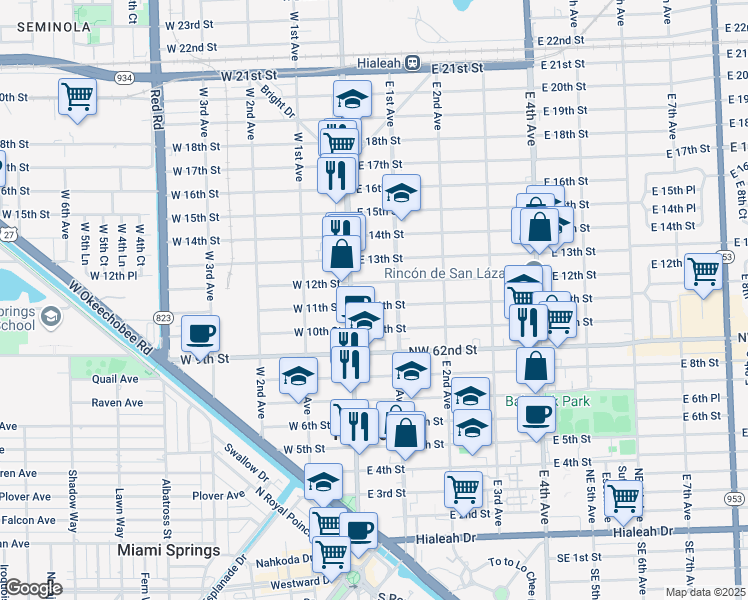 map of restaurants, bars, coffee shops, grocery stores, and more near 1098 East 1st Avenue in Hialeah