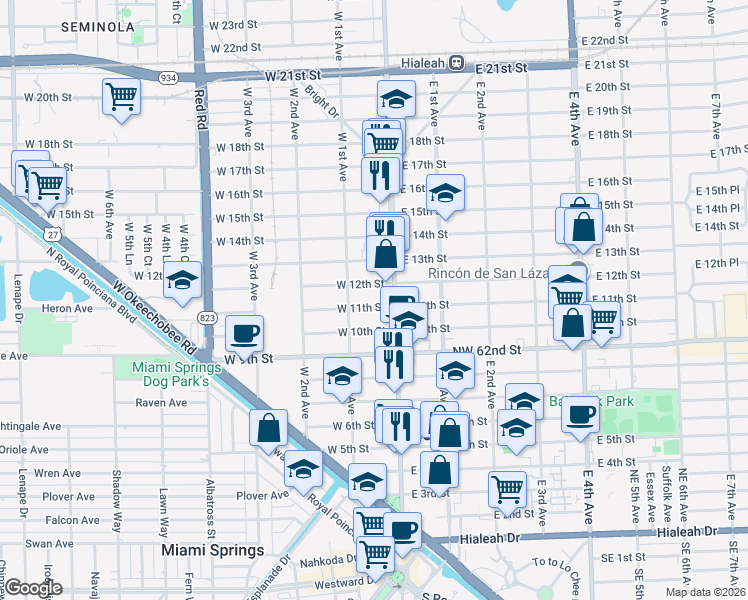 map of restaurants, bars, coffee shops, grocery stores, and more near 60 West 11th Street in Hialeah