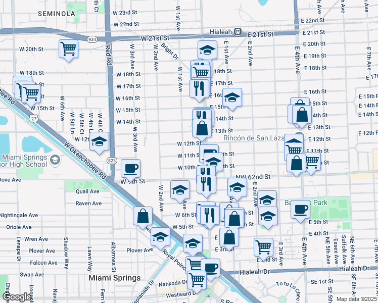 map of restaurants, bars, coffee shops, grocery stores, and more near 60 West 11th Street in Hialeah