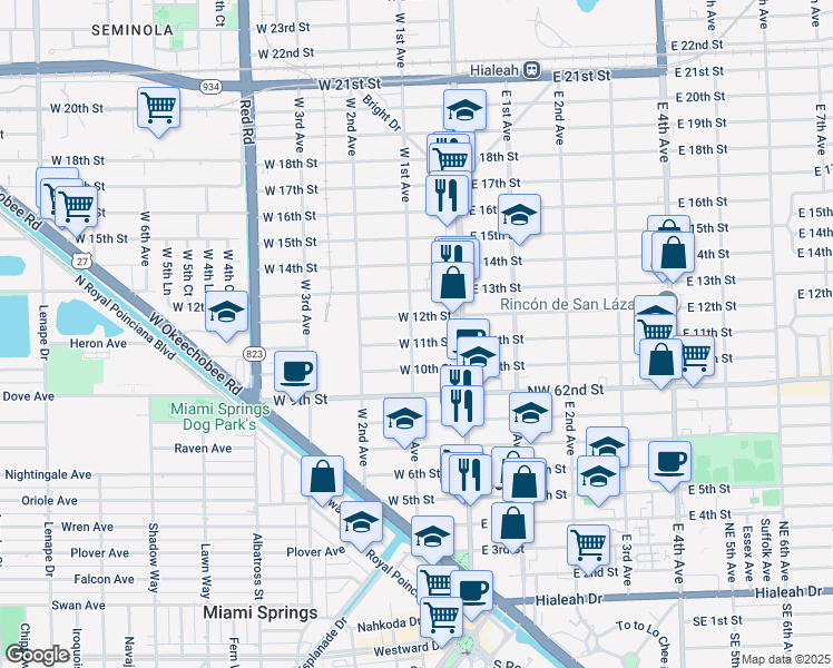map of restaurants, bars, coffee shops, grocery stores, and more near 60 West 11th Street in Hialeah