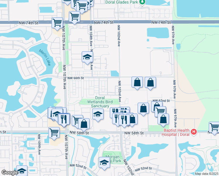 map of restaurants, bars, coffee shops, grocery stores, and more near 6402 Northwest 102nd Path in Doral