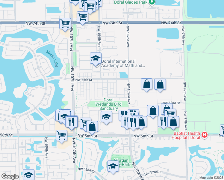 map of restaurants, bars, coffee shops, grocery stores, and more near 6402 Northwest 102nd Path in Doral