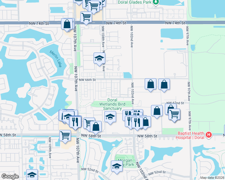 map of restaurants, bars, coffee shops, grocery stores, and more near 10346 Northwest 64th Street in Doral