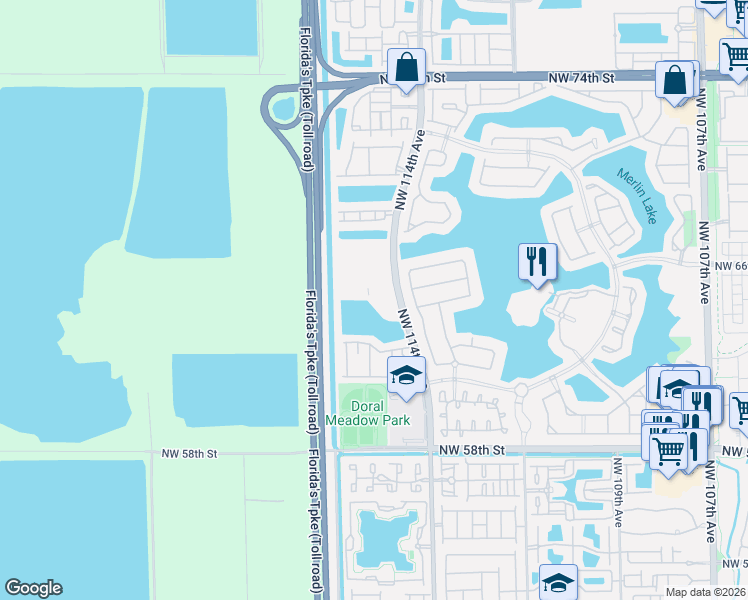 map of restaurants, bars, coffee shops, grocery stores, and more near 5751-5797 Northwest 117th Avenue in Doral