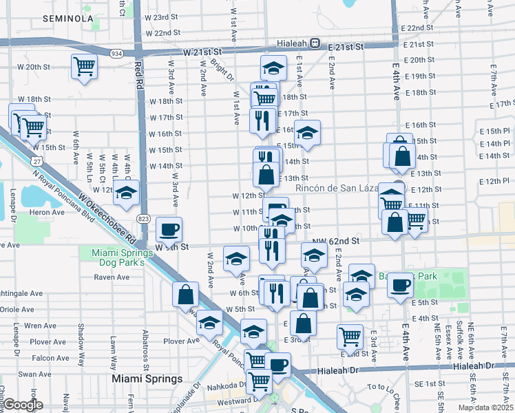 map of restaurants, bars, coffee shops, grocery stores, and more near 60 West 11th Street in Hialeah