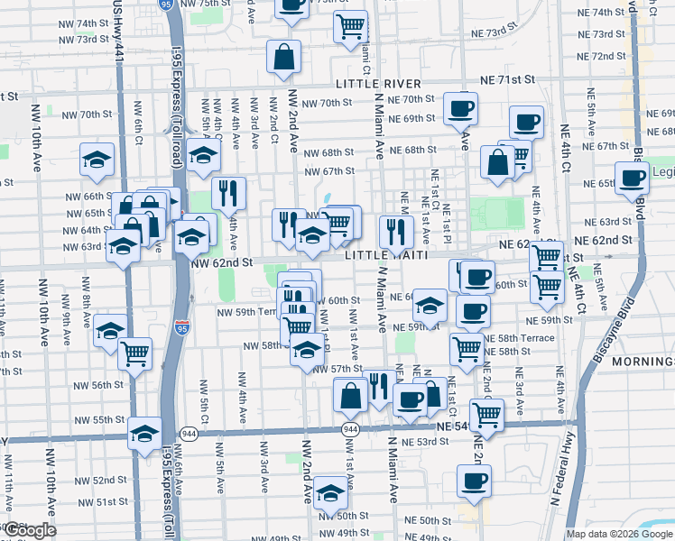 map of restaurants, bars, coffee shops, grocery stores, and more near 145 Northwest 61st Street in Miami