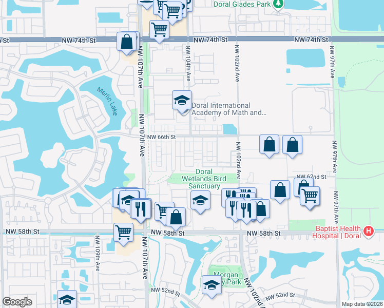map of restaurants, bars, coffee shops, grocery stores, and more near 10229 Northwest 64th Terrace in Doral