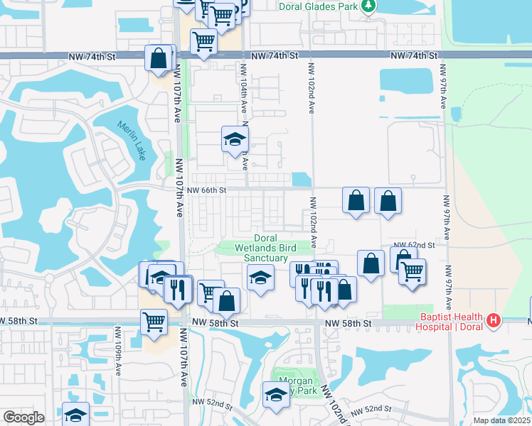 map of restaurants, bars, coffee shops, grocery stores, and more near 10346 Northwest 64th Street in Doral