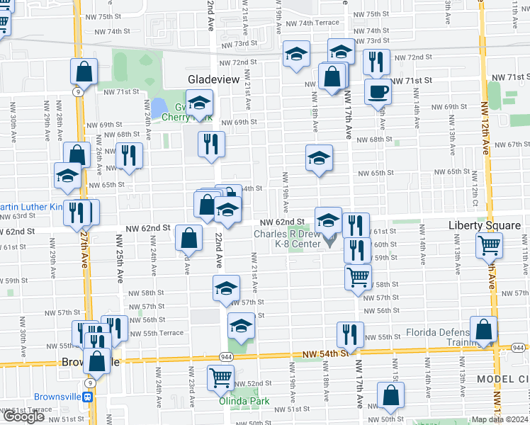 map of restaurants, bars, coffee shops, grocery stores, and more near 2020 Northwest 63rd Street in Miami