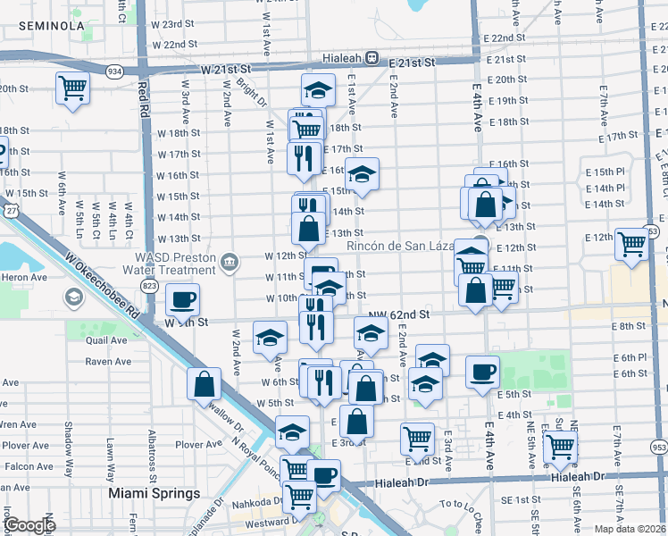 map of restaurants, bars, coffee shops, grocery stores, and more near 1055 Palm Avenue in Hialeah
